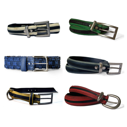 6 belts made of different coloured materials