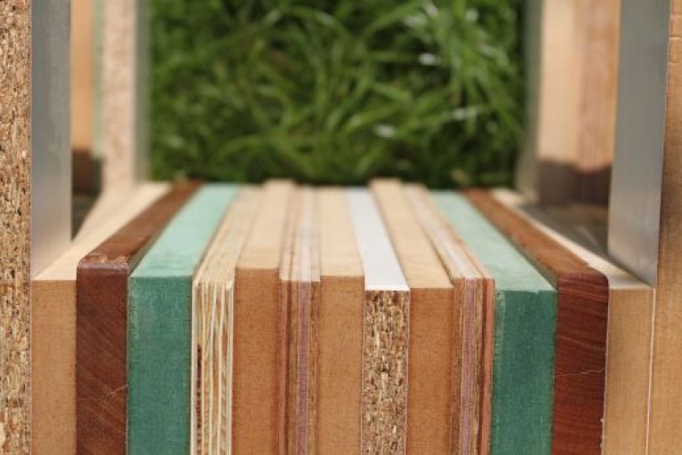 close up of a table made with various pieces of wood offcuts