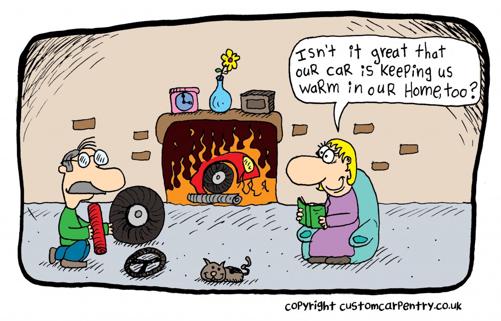 cartoon with man burning spare car parts