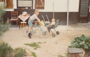 Children on bike and push chair