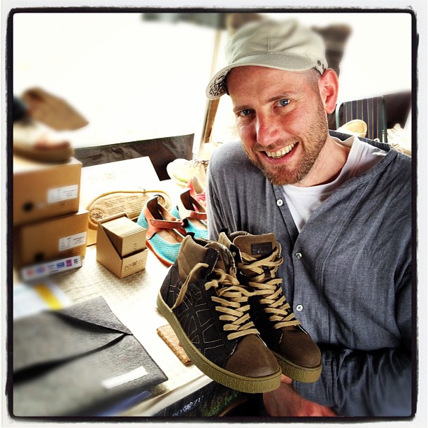 Shoe designer Sven showing off his natural shoes.